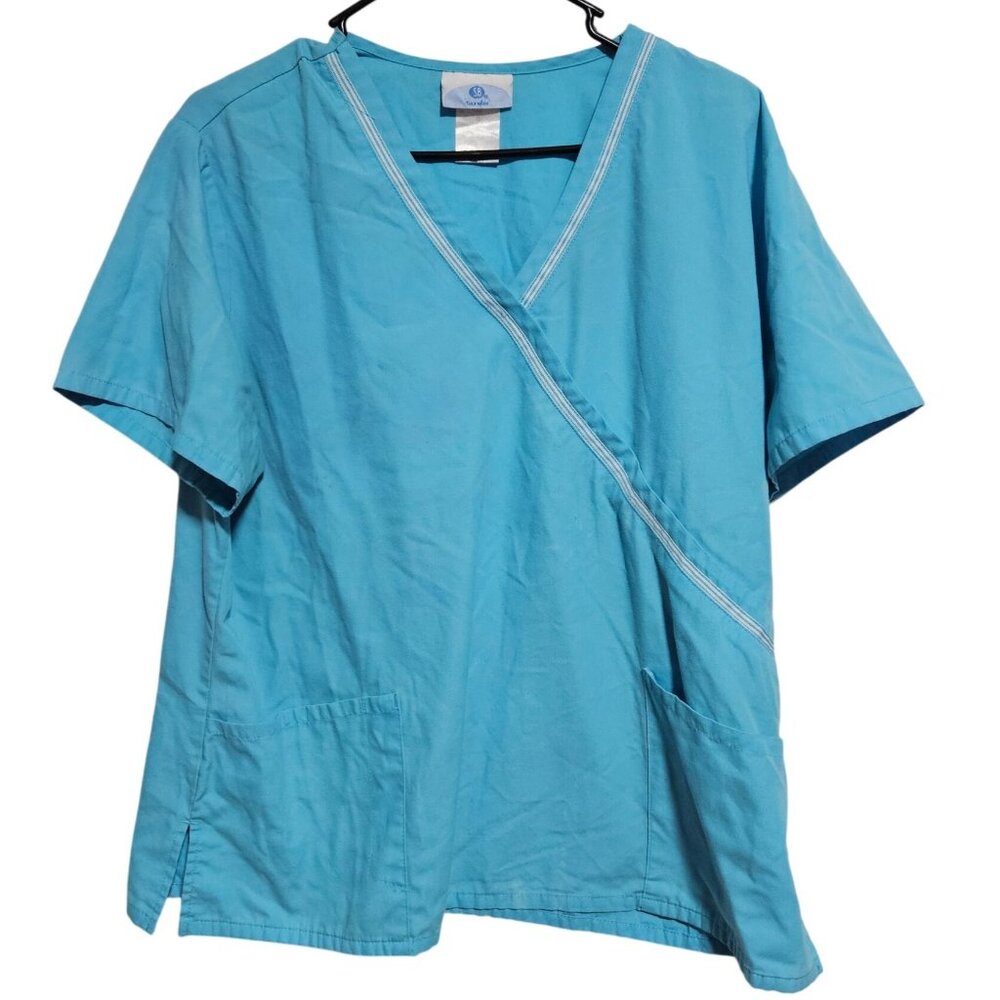 SB Scrubs Blue Top Womens Size Large V Neck Faux Wrap Short Sleeve Nursing